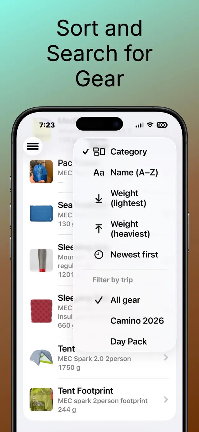 RidgePacker gear catalog screen