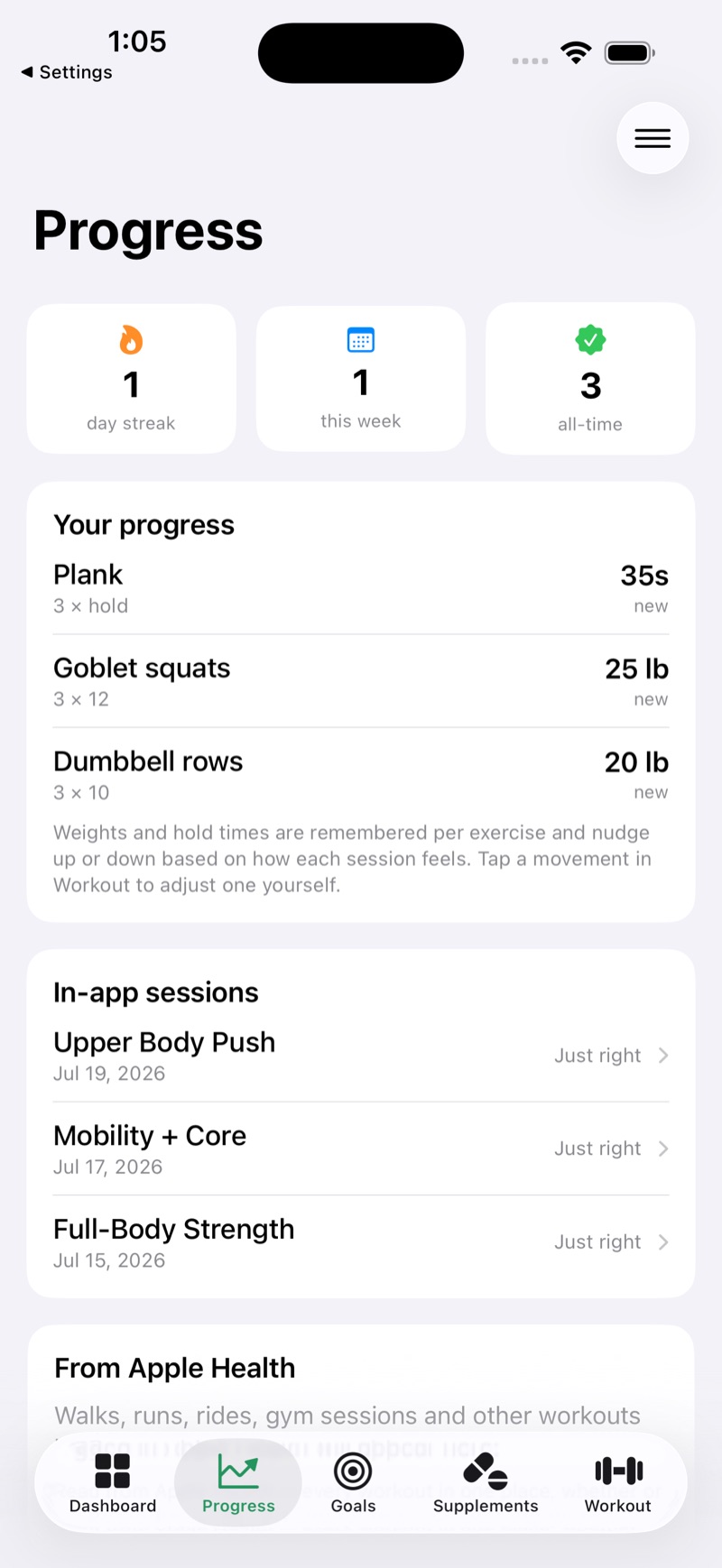 Clock-In Everyday Progress tab — 1 day streak, 1 this week, 3 all-time, progression on plank hold, goblet squats, and dumbbell rows, and a list of recent in-app sessions