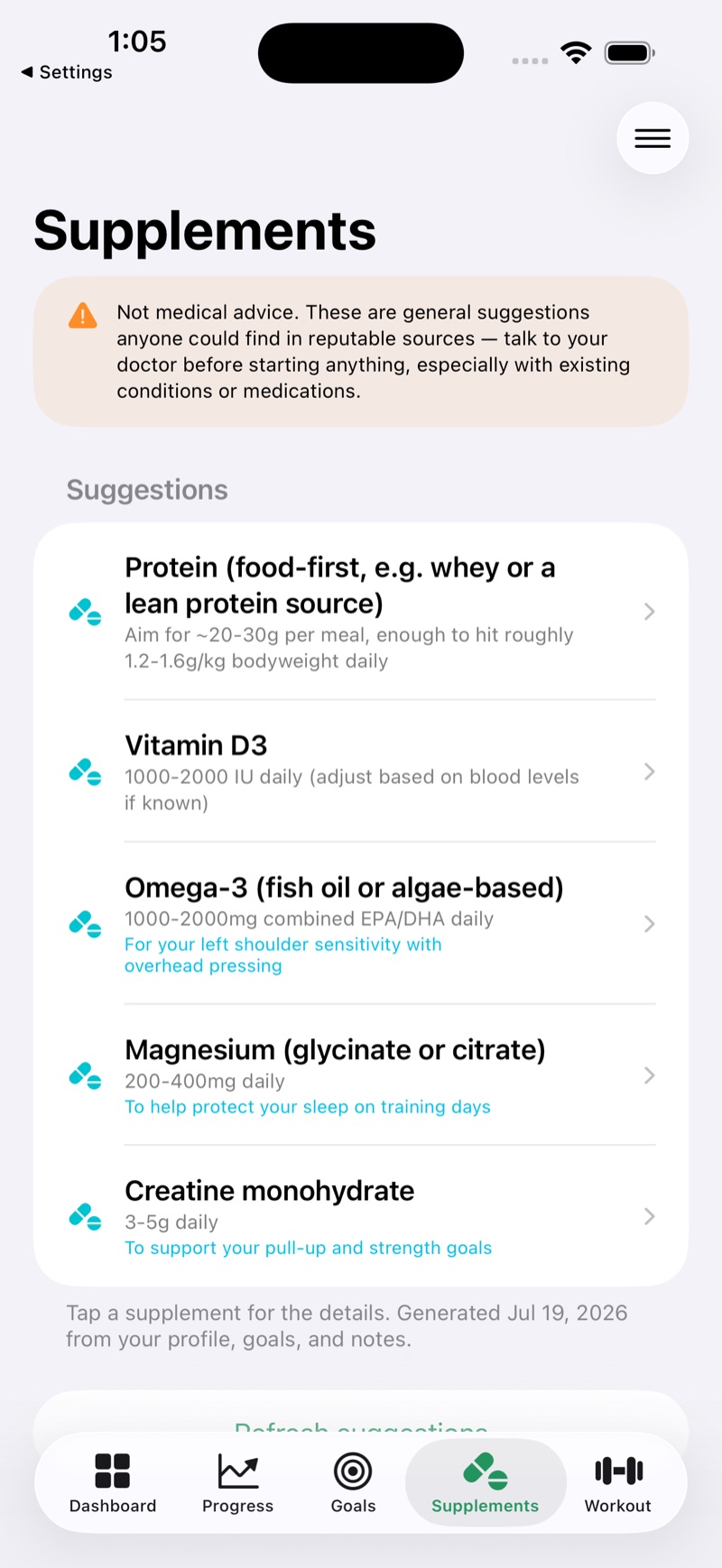 Clock-In Everyday Supplements tab — a not-medical-advice disclaimer followed by general suggestions for protein, Vitamin D3, Omega-3, magnesium, and creatine monohydrate, each with dosage and a personal note