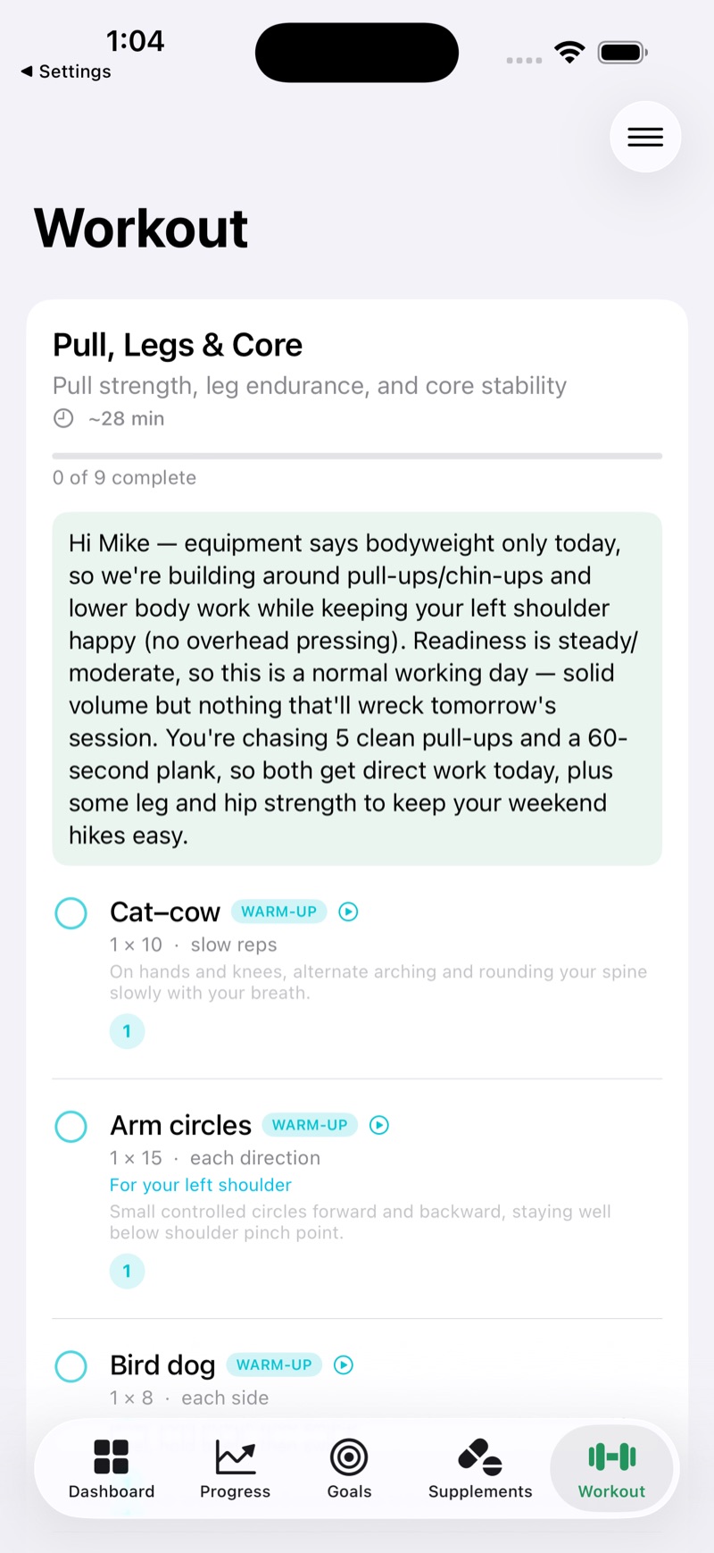 Clock-In Everyday Workout tab — Pull, Legs & Core session with a plain-language AI coach note explaining today's plan, followed by warm-up exercises like cat-cow and arm circles with set and rep counts