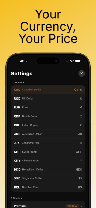 Copper Watcher Settings currency picker showing 12 supported currencies — Canadian Dollar selected, US Dollar, Euro, British Pound, Indian Rupee, Australian Dollar, Japanese Yen, Swiss Franc, Chinese Yuan, Hong Kong Dollar, Singapore Dollar, Brazilian Real, plus a Premium upgrade option