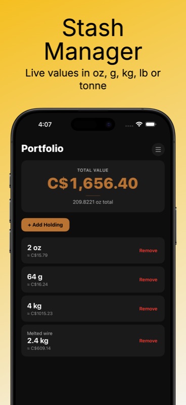 Copper Watcher Portfolio screen — total value C$1,656.40 from 209.8221 oz total, holdings list including 2 oz, 64g, 4kg, and a 2.4kg melted wire holding each with their live value, plus an Add Holding button