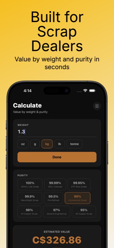 Copper Watcher Calculate scrap value screen — weight 1.3 kg, purity grades grid showing 100% OFHC Lab Grade, 99.99% OFE Cathode, 99.95% ETP Wire Grade, 99.9% Bare Bright Scrap, 99.5% Fire Refined, 99% Commercial Grade selected, 98% #1 Copper Scrap, 97% General Engineering, 95% #2 Copper Scrap; estimated value C$326.86