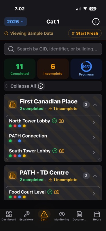 Cat 1 testing progress by building in Escalator Field Command — First Canadian Place and PATH-TD Centre with completed and incomplete units