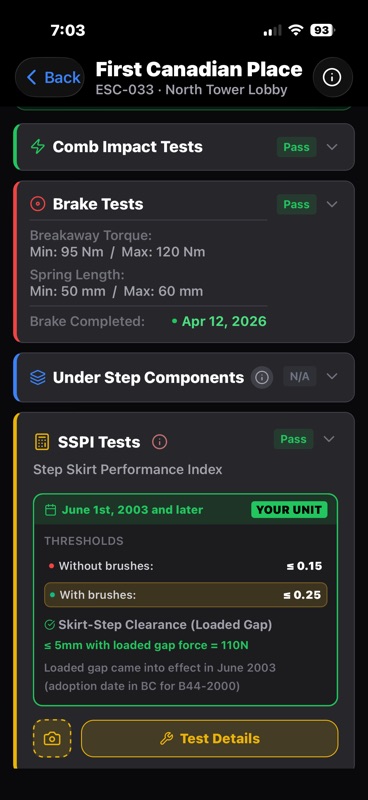SSPI test thresholds and brake test results for an escalator at First Canadian Place, North Tower Lobby — Step Skirt Performance Index, breakaway torque, and skirt-step clearance values