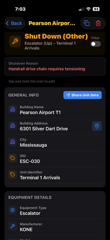 Escalator unit detail in Escalator Field Command — Pearson Airport Terminal 1 escalator shut down with shutdown reason, building info, GID, and KONE manufacturer details