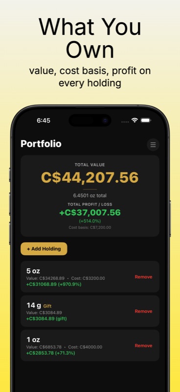 Gold Watcher Portfolio — total value with cost basis and live P/L per holding, including karat-aware pricing for 14K and 18K pieces, gifted gold flagged separately, and realized profit logged across every closed position