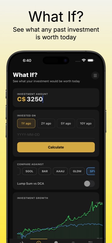 Gold Watcher What If calculator — investment amount C$3,250, time options 1Y, 2Y, 5Y, 10Y ago, Compare Against ETF chips for SGOL, BAR, AAAU, GLDM, and SPY benchmark, plus Investment Growth chart