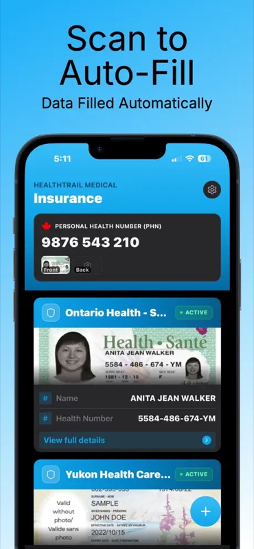 HealthTrail Medical Insurance tab — Scan to Auto-Fill feature with Personal Health Number 9876 543 210 captured from a Canadian health card, plus stored cards including Ontario Health for Anita Jean Walker showing photo, name, and health number 5584-486-674-YM, and Yukon Health Care card — all flagged Active for instant access at the pharmacy or doctor's office