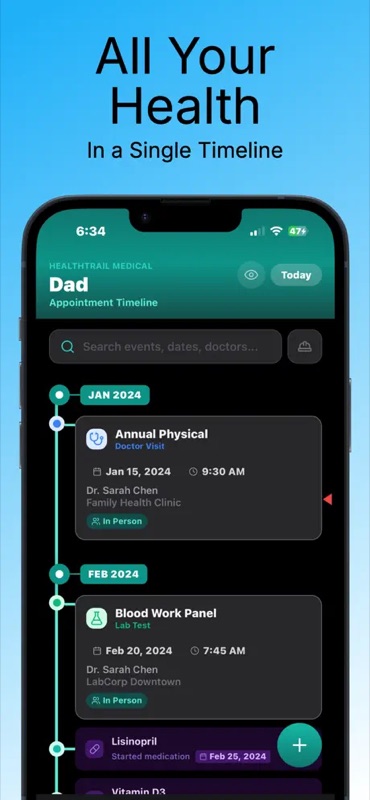 HealthTrail Medical appointment timeline for Dad profile — search bar for events, dates, doctors; Jan 2024 Annual Physical with Dr Sarah Chen at Family Health Clinic; Feb 2024 Blood Work Panel at LabCorp Downtown; Lisinopril medication started Feb 25 2024 — illustrating the all-your-health-in-a-single-timeline concept