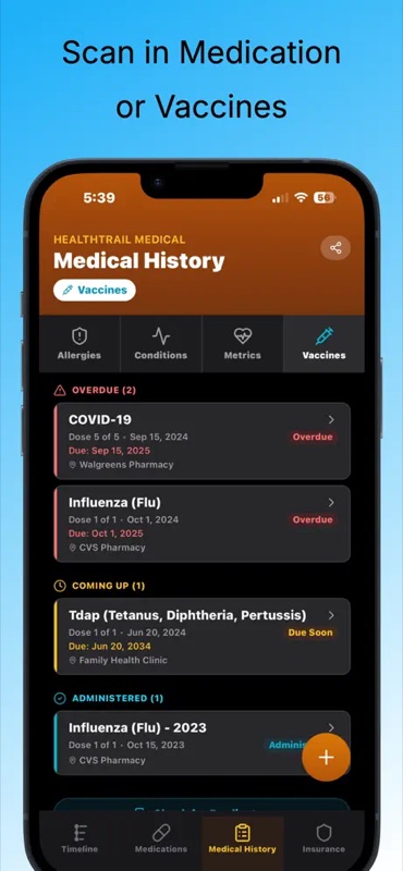 HealthTrail Medical Medical History Vaccines tab — Overdue section showing COVID-19 dose 5 of 5 due Sep 15 2025 at Walgreens Pharmacy and Influenza Flu dose 1 of 1 due Oct 1 2025 at CVS Pharmacy; Coming Up section with Tdap due Jun 20 2034 at Family Health Clinic; Administered section with Influenza Flu 2023 — for vaccine tracking and immunization records