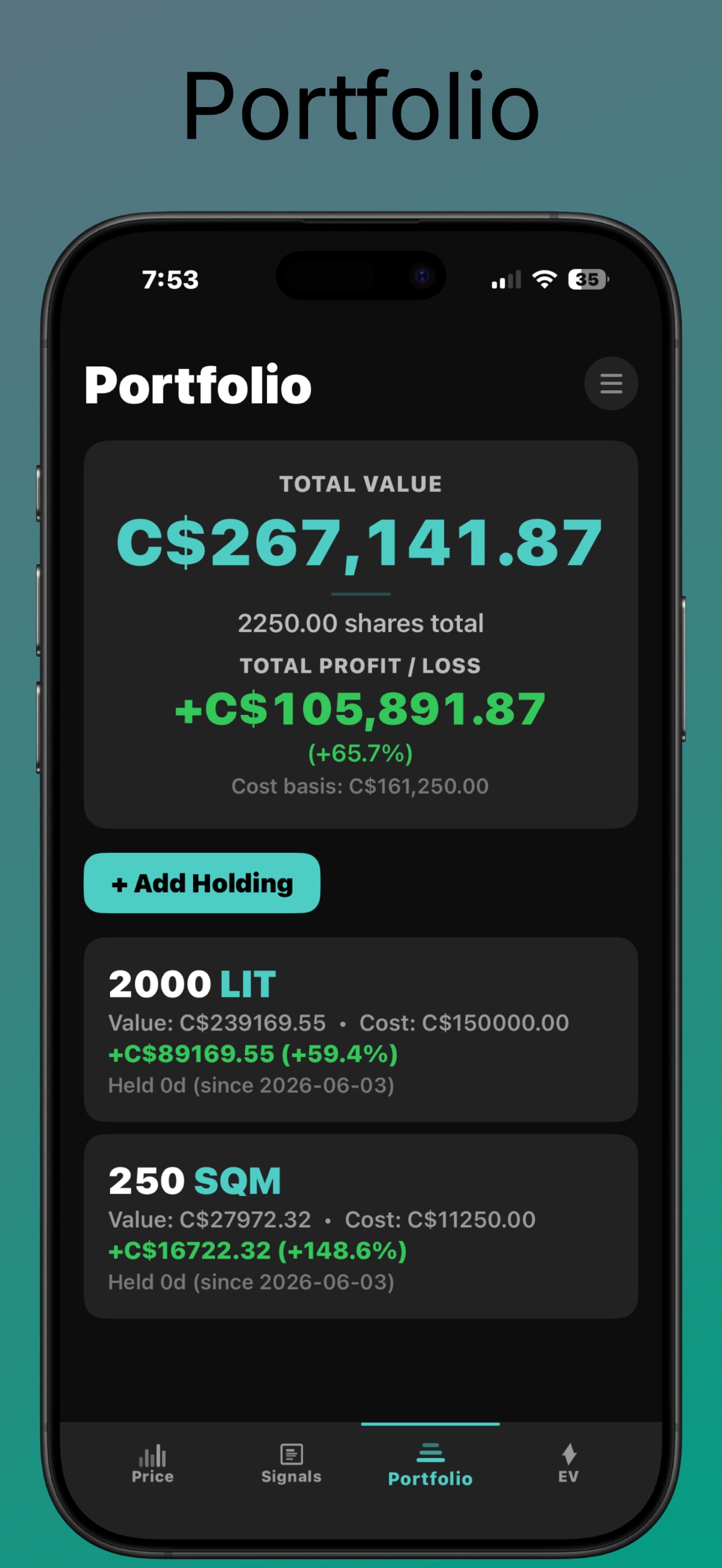 Lithium Watcher Portfolio — Total Value C$267,141.87 across 2,250 shares, Total Profit/Loss +C$105,891.87 (+65.7 percent), cost basis C$161,250, and individual holdings — 2000 LIT worth C$239,169.55 up 59.4 percent and 250 SQM worth C$27,972.32 up 148.6 percent