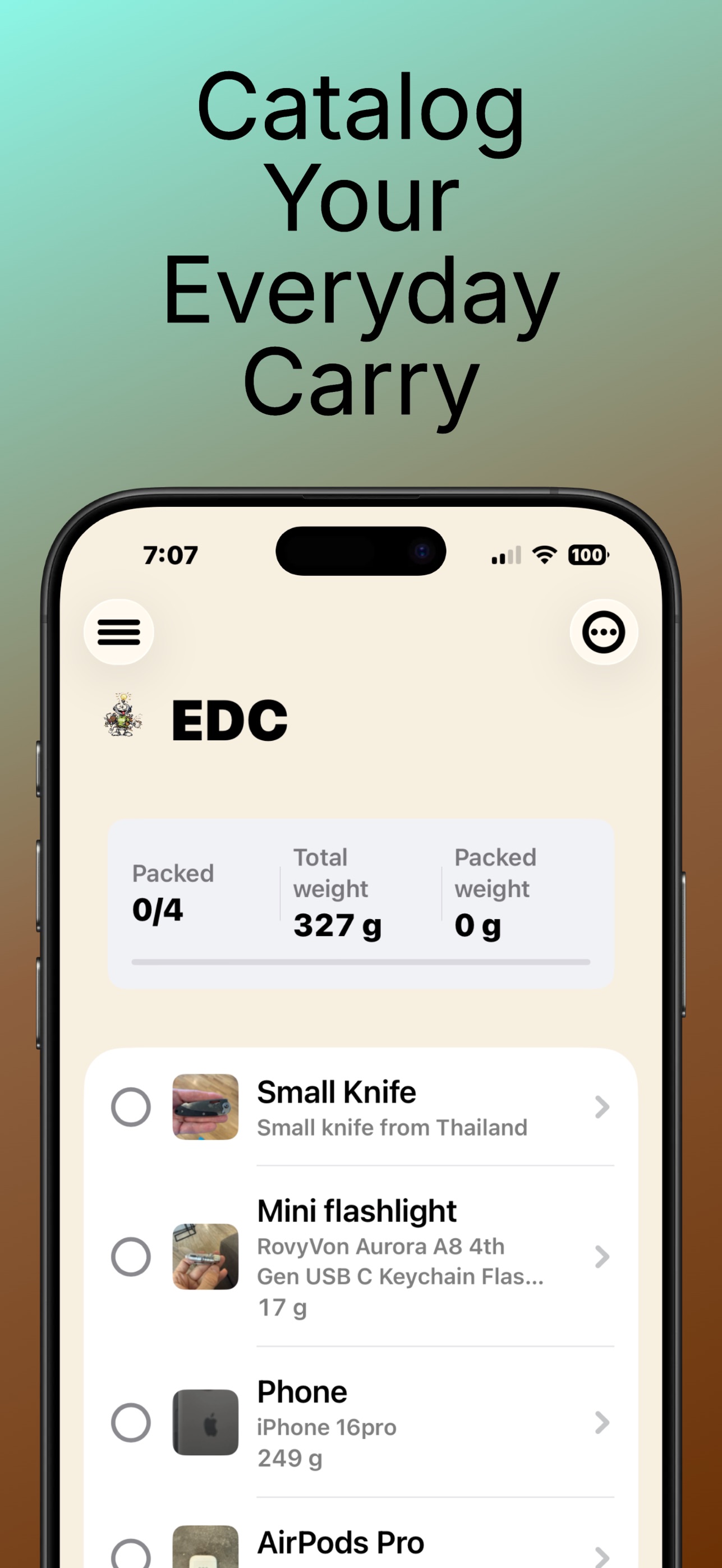 RidgePacker Everyday Carry tab — packed 0 of 4, total weight 327 grams, items include Small Knife from Thailand, Mini flashlight RovyVon Aurora A8, Phone iPhone 16 Pro, and AirPods Pro