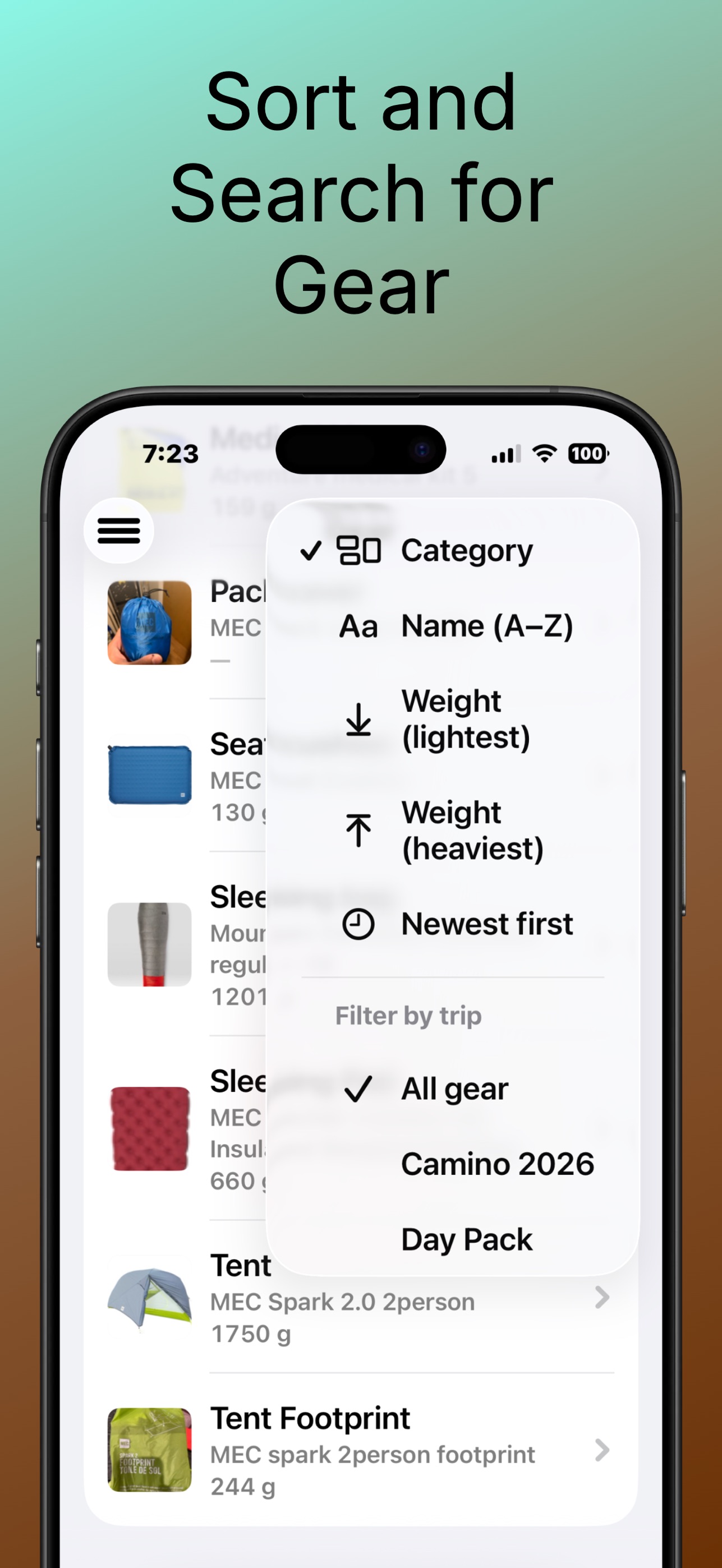 RidgePacker Gear catalog with a sort and filter menu open — sort by Category, Name (A to Z), Weight lightest or heaviest, or Newest first; filter by All gear, Camino 2026, or Day Pack