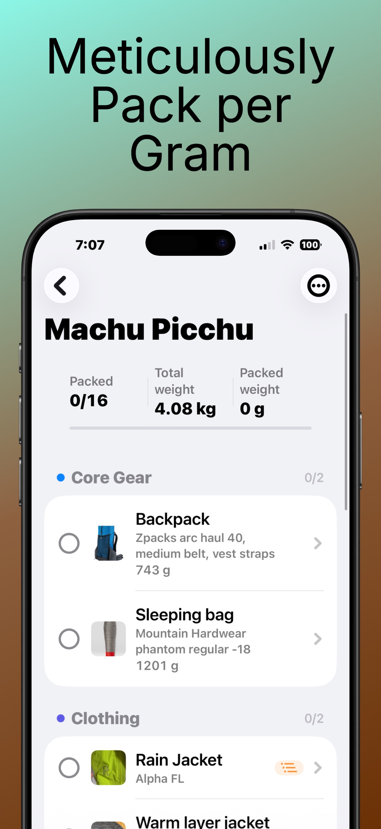 RidgePacker Machu Picchu trip detail — packed 0 of 16, total weight 4.08 kilograms, packed weight 0 grams, grouped by Core Gear (backpack, sleeping bag) and Clothing (rain jacket)