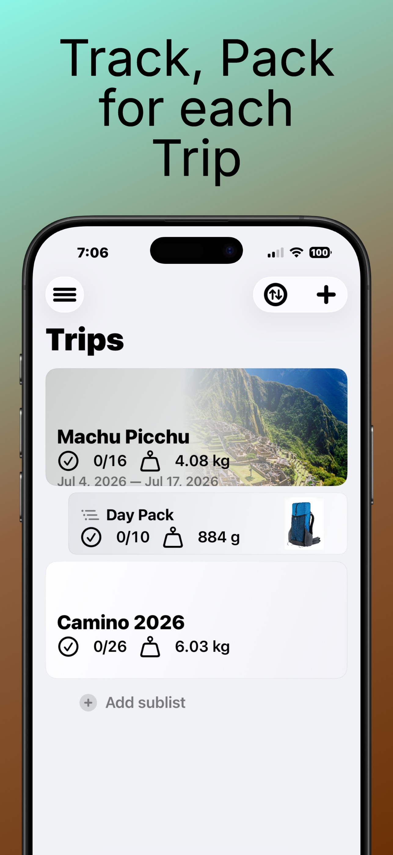 RidgePacker Trips tab — Machu Picchu trip with a Day Pack sublist nested underneath plus a Camino 2026 trip, each showing packed count, total weight, and a cover photo