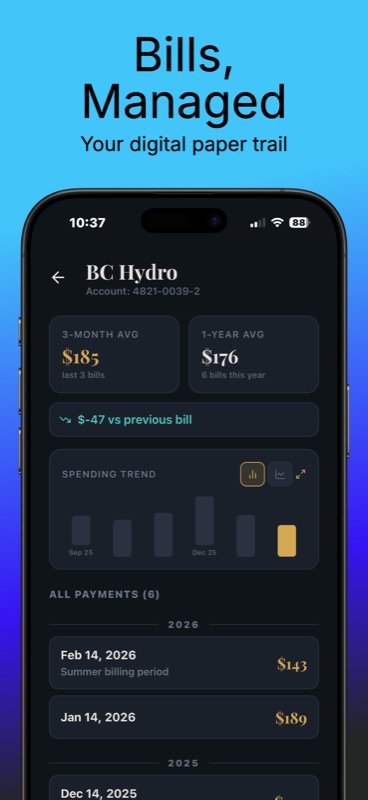 SnapLedger BC Hydro bill detail — 3-month average $185, 1-year average $176 across 6 bills this year, current bill is $-47 versus previous bill, spending trend bar chart, and full payment history listing for 2026 and 2025