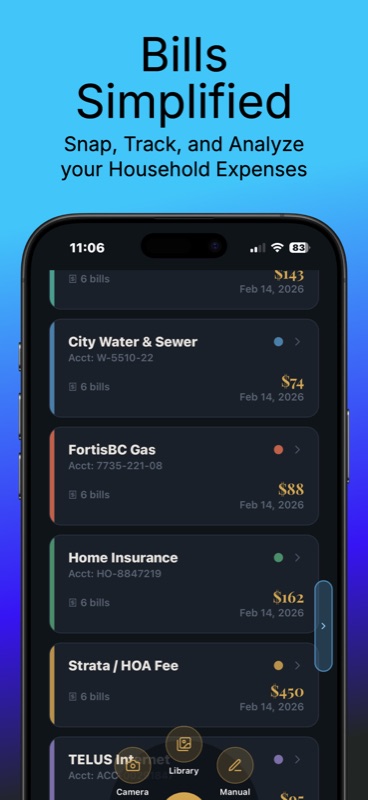 SnapLedger bills list showing City Water and Sewer $74, FortisBC Gas $88, Home Insurance $162, Strata HOA Fee $450, TELUS Internet — each with account number, 6-bill history, and color-coded category dot, plus a Camera and Library bill capture toolbar at the bottom