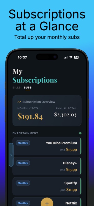 SnapLedger My Subscriptions screen — monthly total $191.84 and annual total $2,302.03, Entertainment category showing YouTube Premium $13.99 monthly, Disney Plus $13.99 monthly, Spotify $11.99 monthly, Netflix monthly